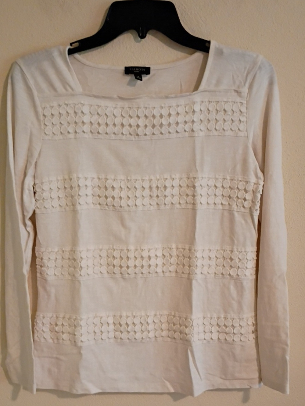 Talbots Cream Long-Sleeve Crochet Stripe Knit Top